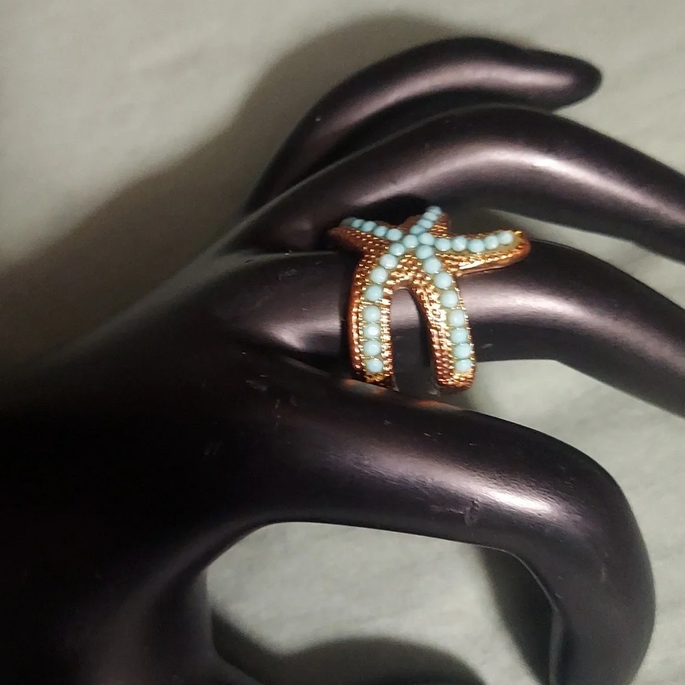 Turquoise Blue Brass Ocean Starfish Open End Ring